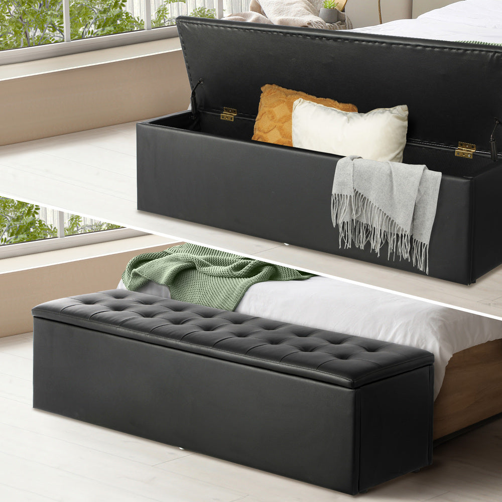 Oikiture Storage Ottoman Blanket Box Foot Stool XL Chest Toy PU Leather Black-Ottomans-PEROZ Accessories