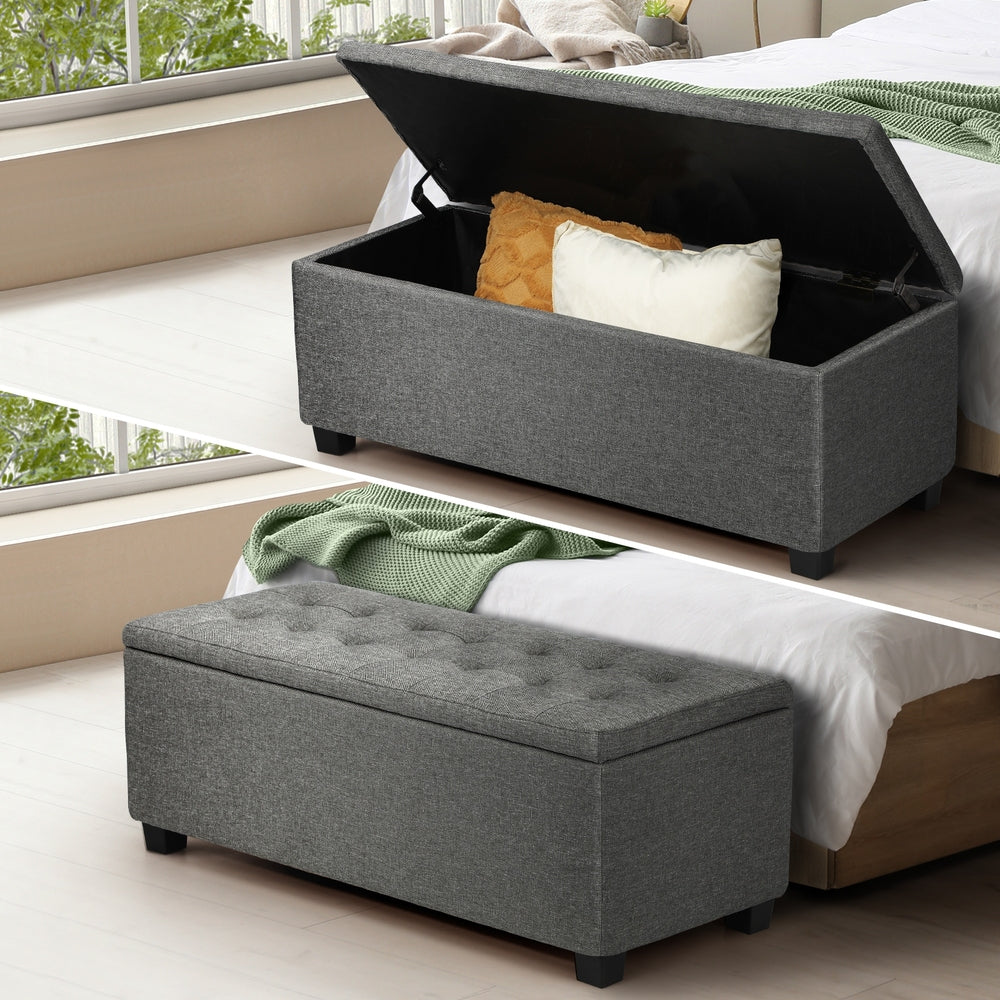 Oikiture Storage Ottoman Blanket Box Faux Linen Chest Toy Foot Stool LARGE Grey-Ottomans-PEROZ Accessories