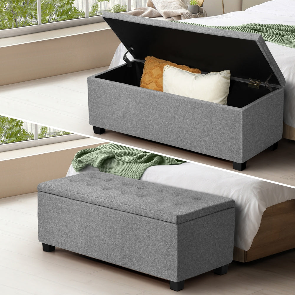 Oikiture Storage Ottoman Blanket Box Faux Linen Chest Toy Foot Stool LARGE-Ottomans-PEROZ Accessories