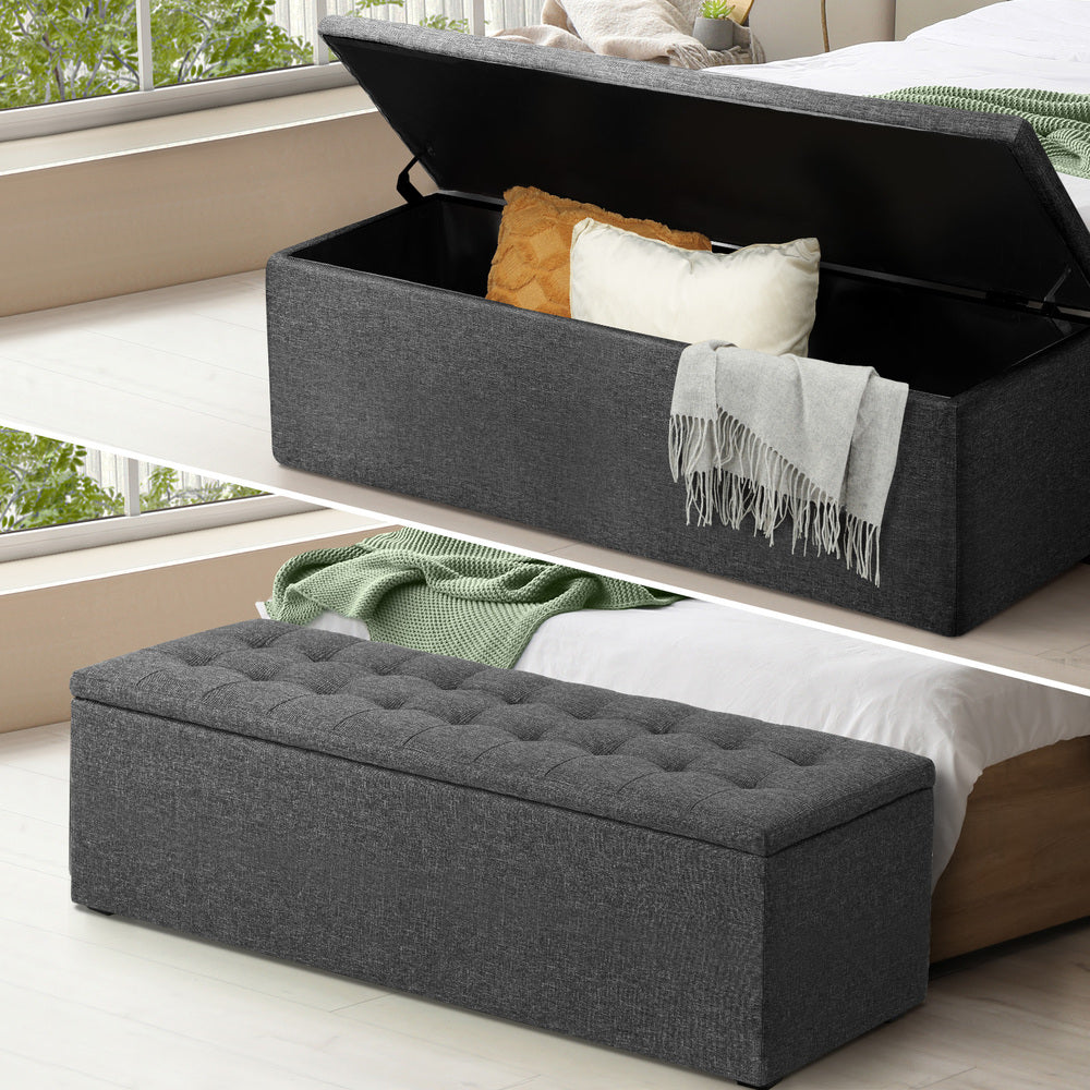 Oikiture Storage Ottoman Blanket Box Foot Stool XL Chest Toy Faux Linen Grey-Ottomans-PEROZ Accessories