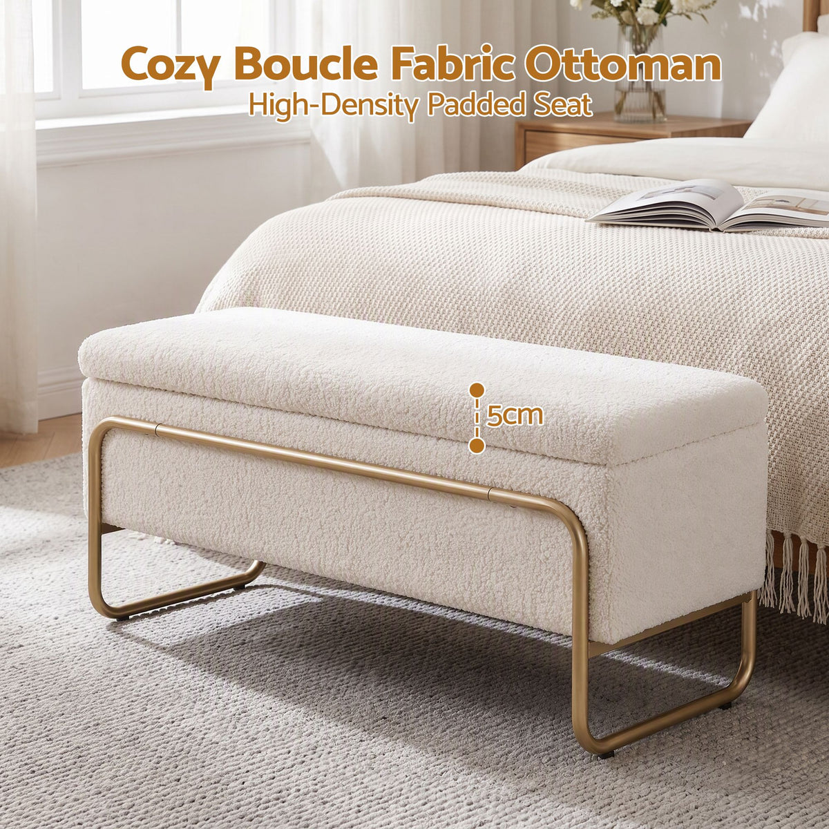 Artiss Storage Ottoman Boucle Padded Seat Footrest Hidden Storage Cream White-Furniture > Living Room > Ottomans & Footstools-PEROZ Accessories
