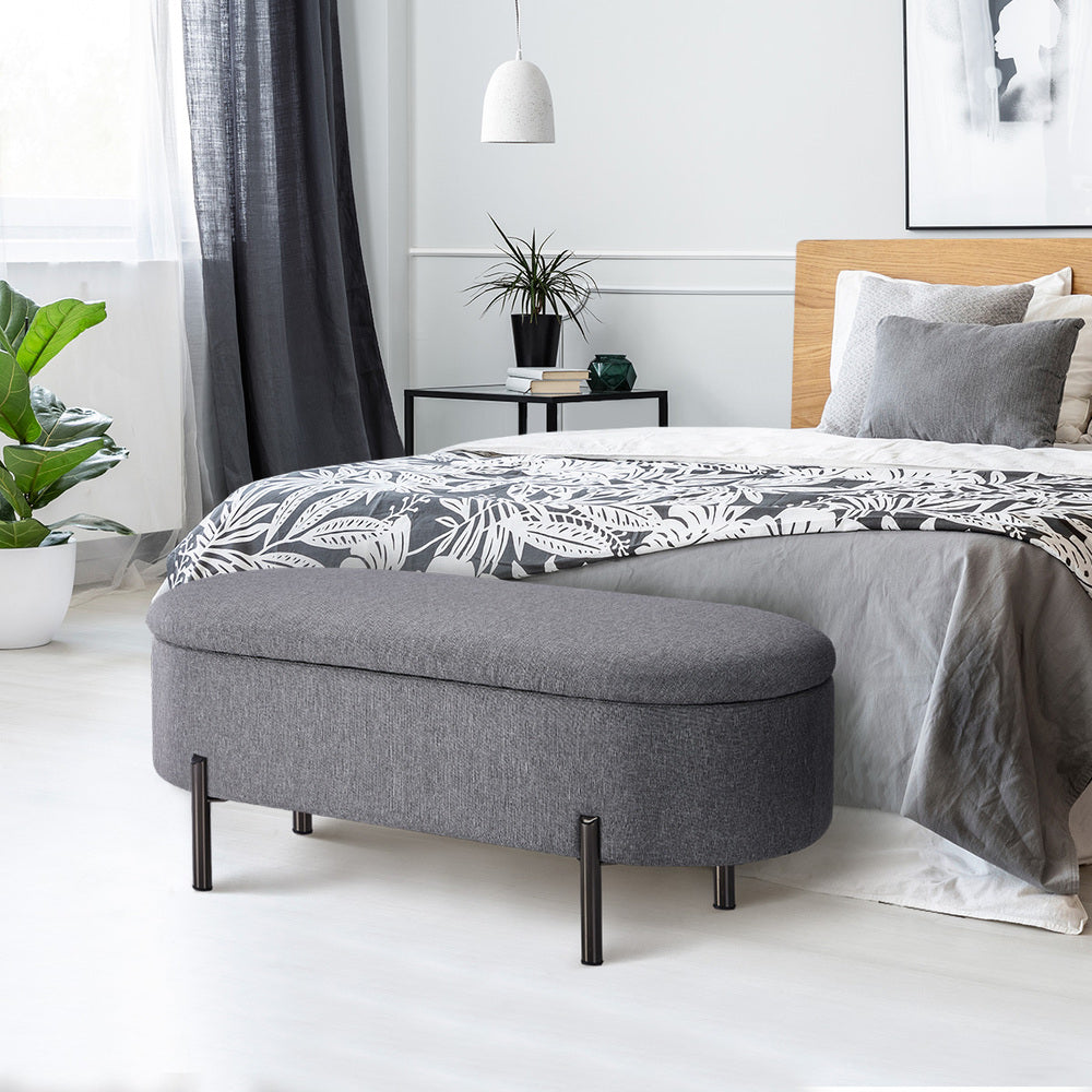 Oikiture Storage Ottoman Bench Oval Blanket Linen Grey-Ottoman-PEROZ Accessories