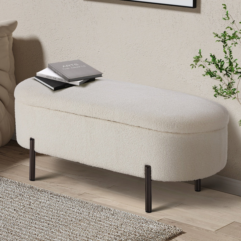 Oikiture Storage Ottoman Bench Oval Blanket Box Sherpa White-Ottoman-PEROZ Accessories