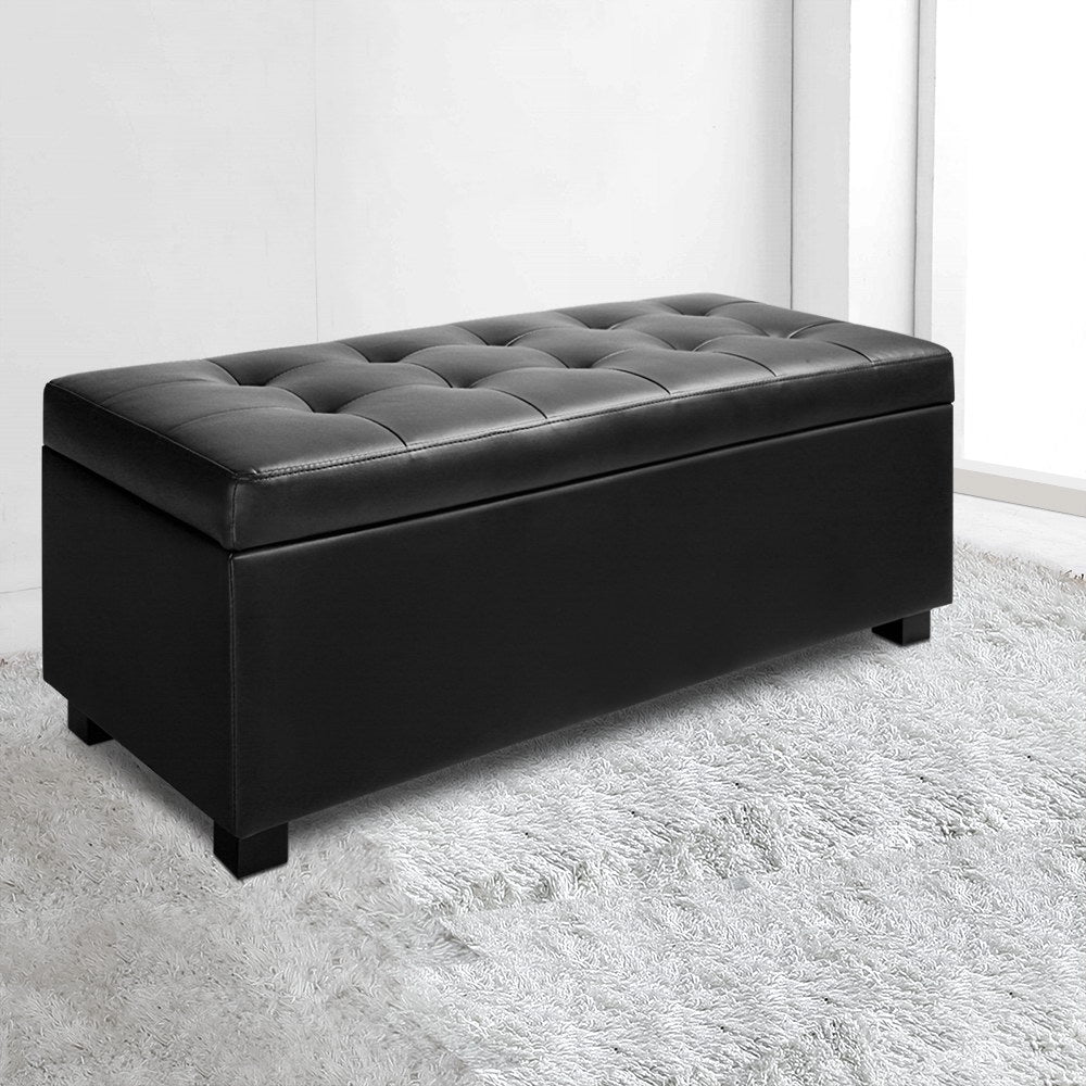 Artiss Storage Ottoman Blanket Box 97cm Leather Black-Furniture > Bedroom-PEROZ Accessories
