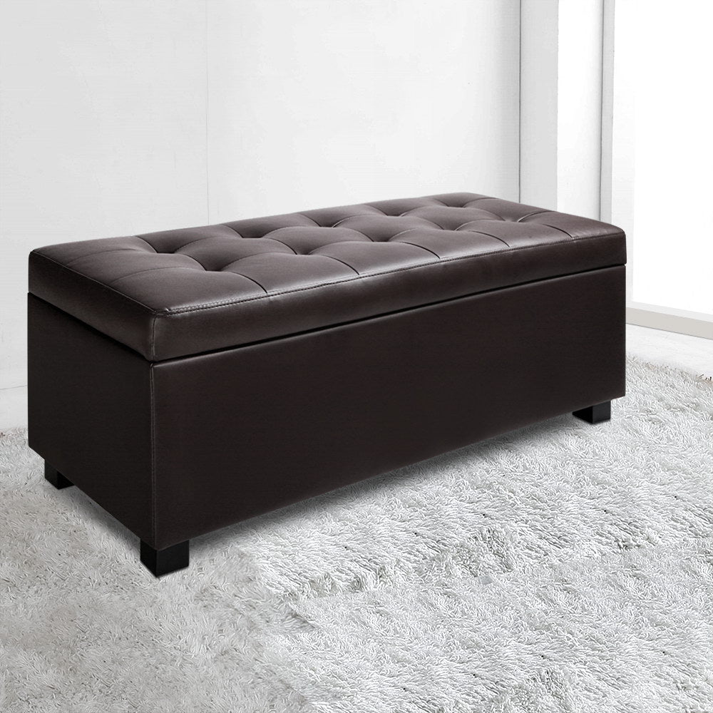 Artiss Storage Ottoman Blanket Box 97cm Leather Brown-Ottomans-PEROZ Accessories