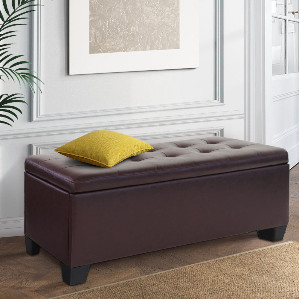 Artiss Storage Ottoman Blanket Box 97cm Leather Brown-Ottomans-PEROZ Accessories