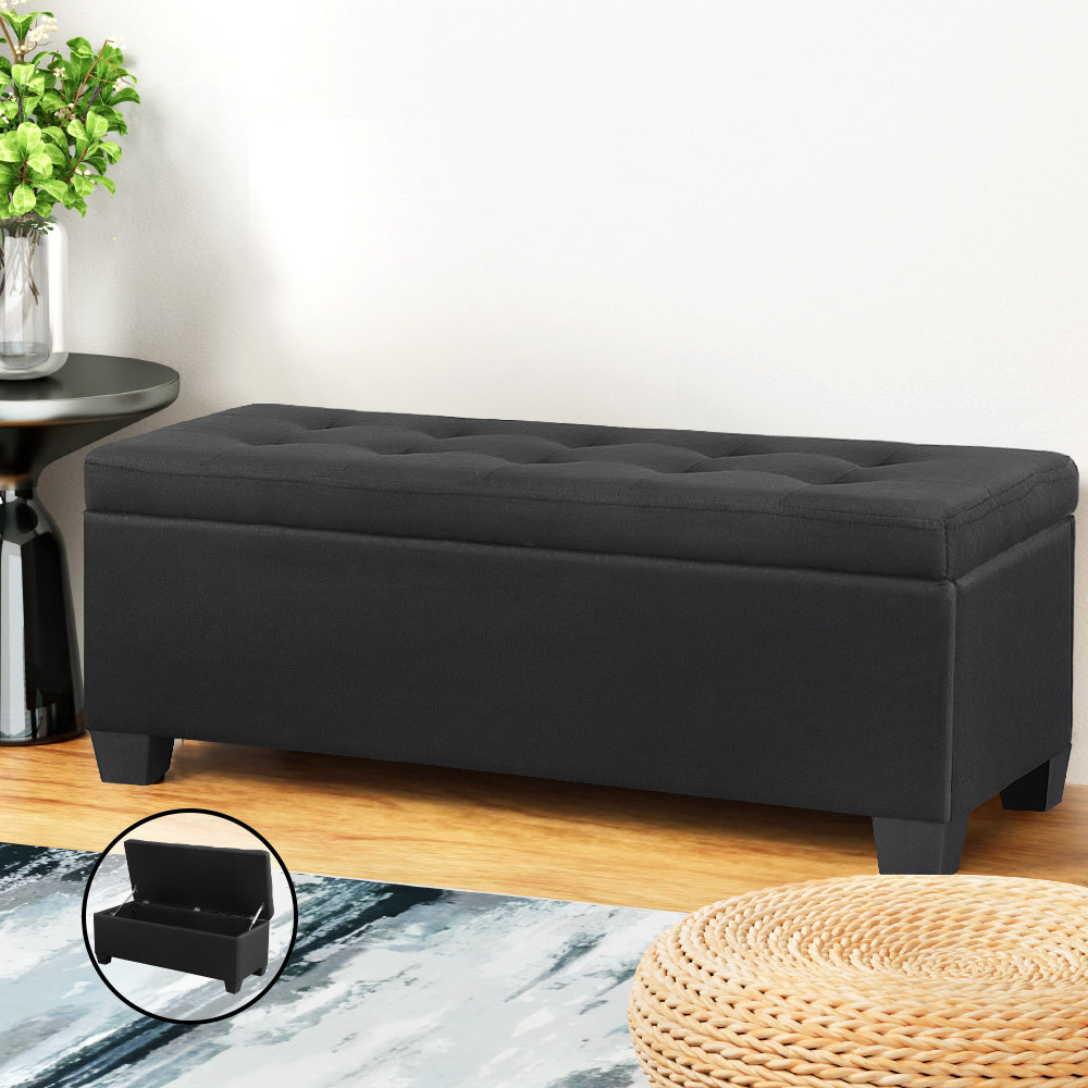Artiss Storage Ottoman Blanket Box 97cm Linen Black-Ottomans-PEROZ Accessories