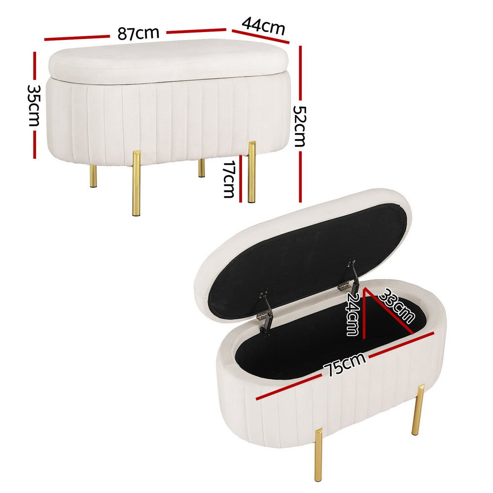 Artiss Storage Ottoman Blanket Box 87cm Velvet Oval White-Furniture > Living Room-PEROZ Accessories