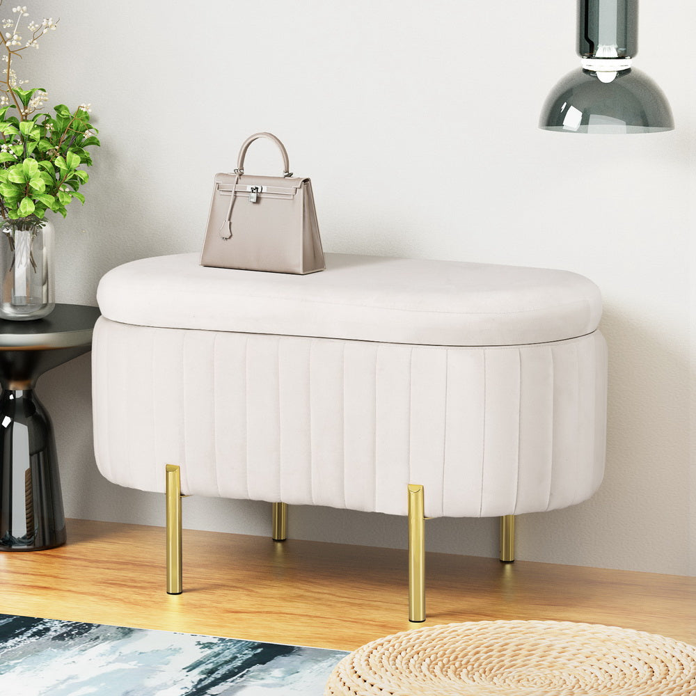 Artiss Storage Ottoman Blanket Box 87cm Velvet Oval White-Furniture > Living Room-PEROZ Accessories