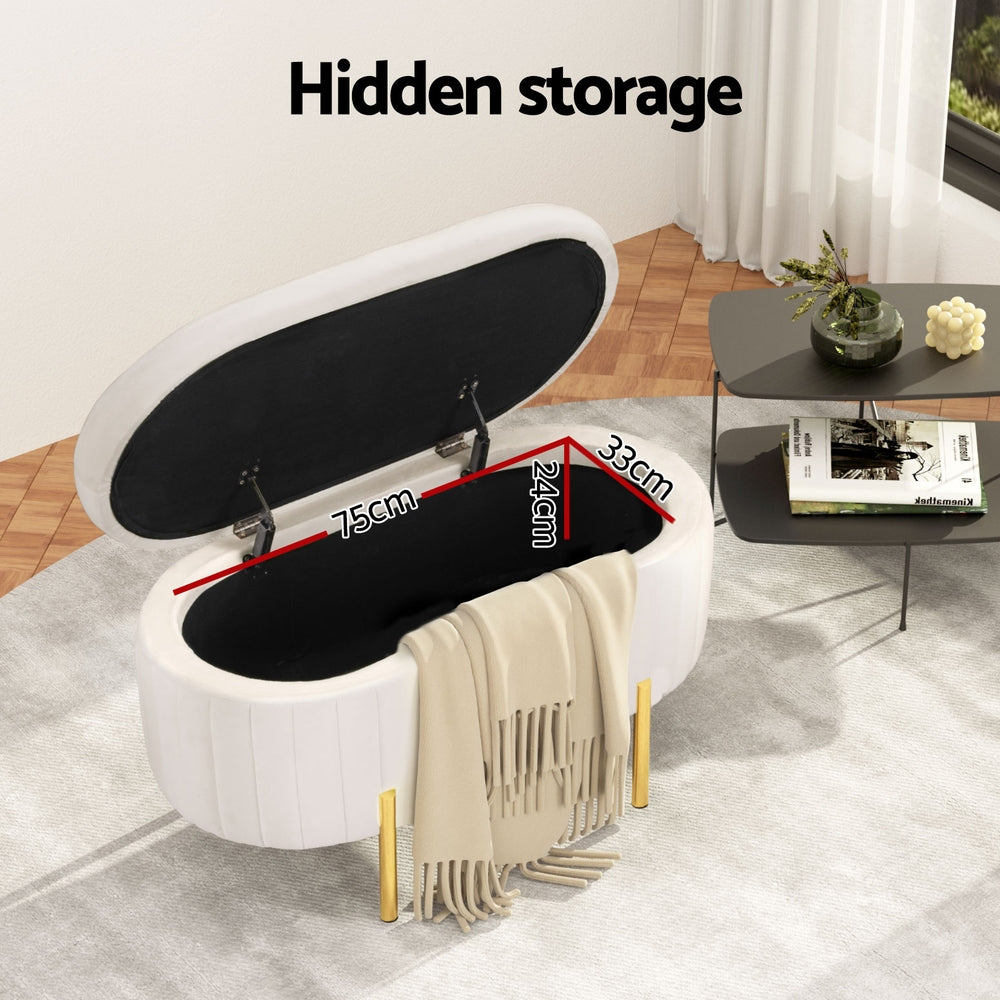 Artiss Storage Ottoman Blanket Box 87cm Velvet Oval White-Furniture > Living Room-PEROZ Accessories