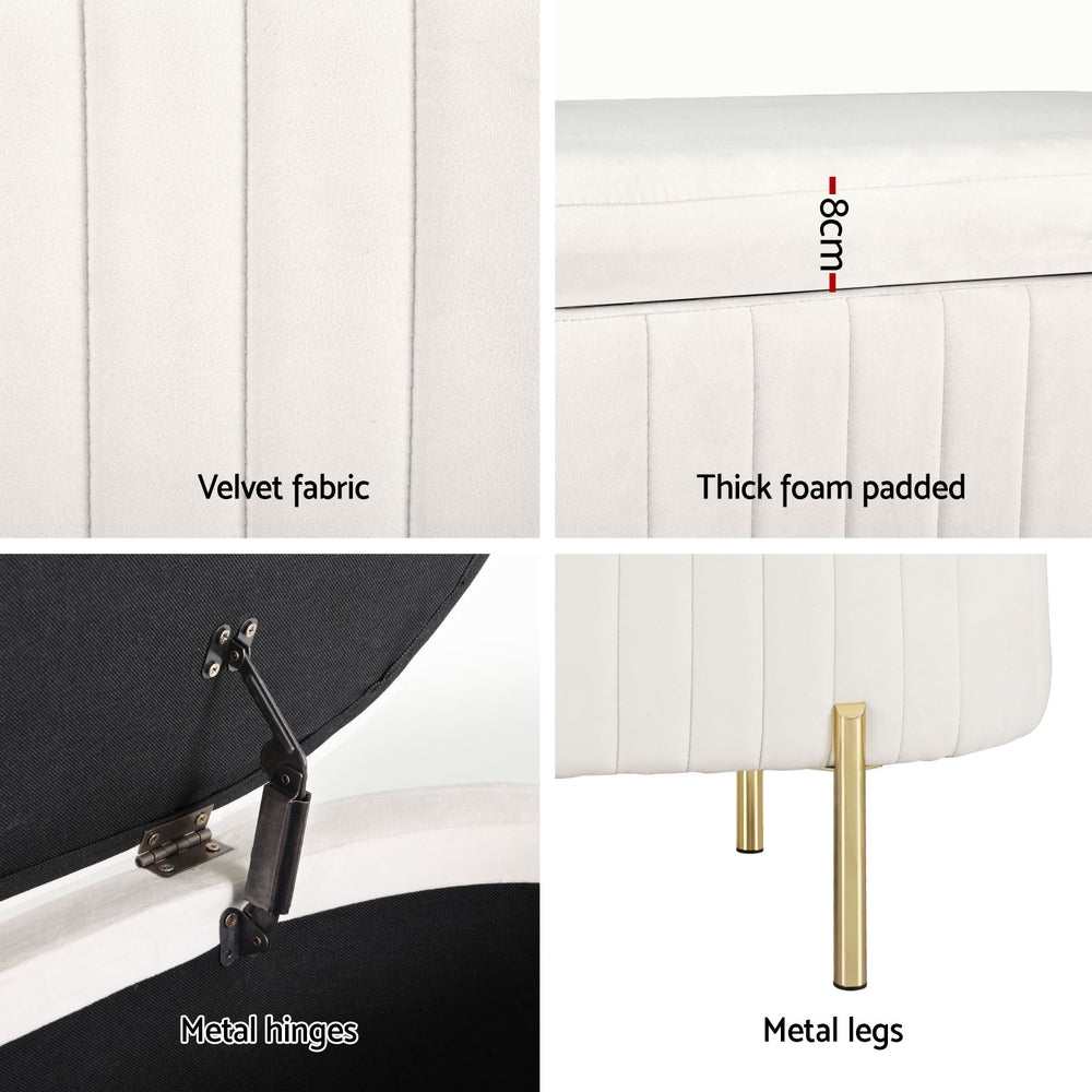 Artiss Storage Ottoman Blanket Box 87cm Velvet Oval White-Furniture > Living Room-PEROZ Accessories