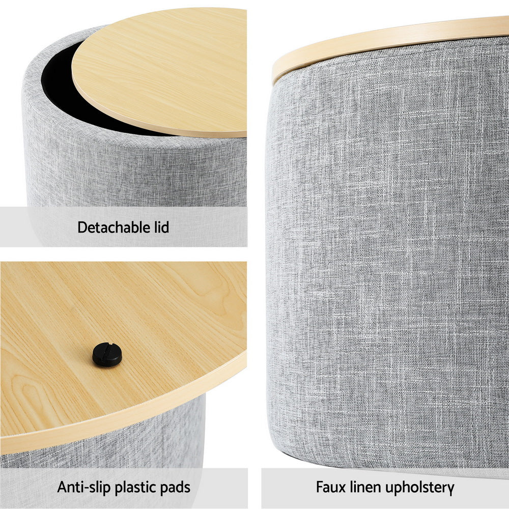 Artiss Storage Ottoman Blanket Box 40cm Linen Round Grey-Furniture > Living Room-PEROZ Accessories
