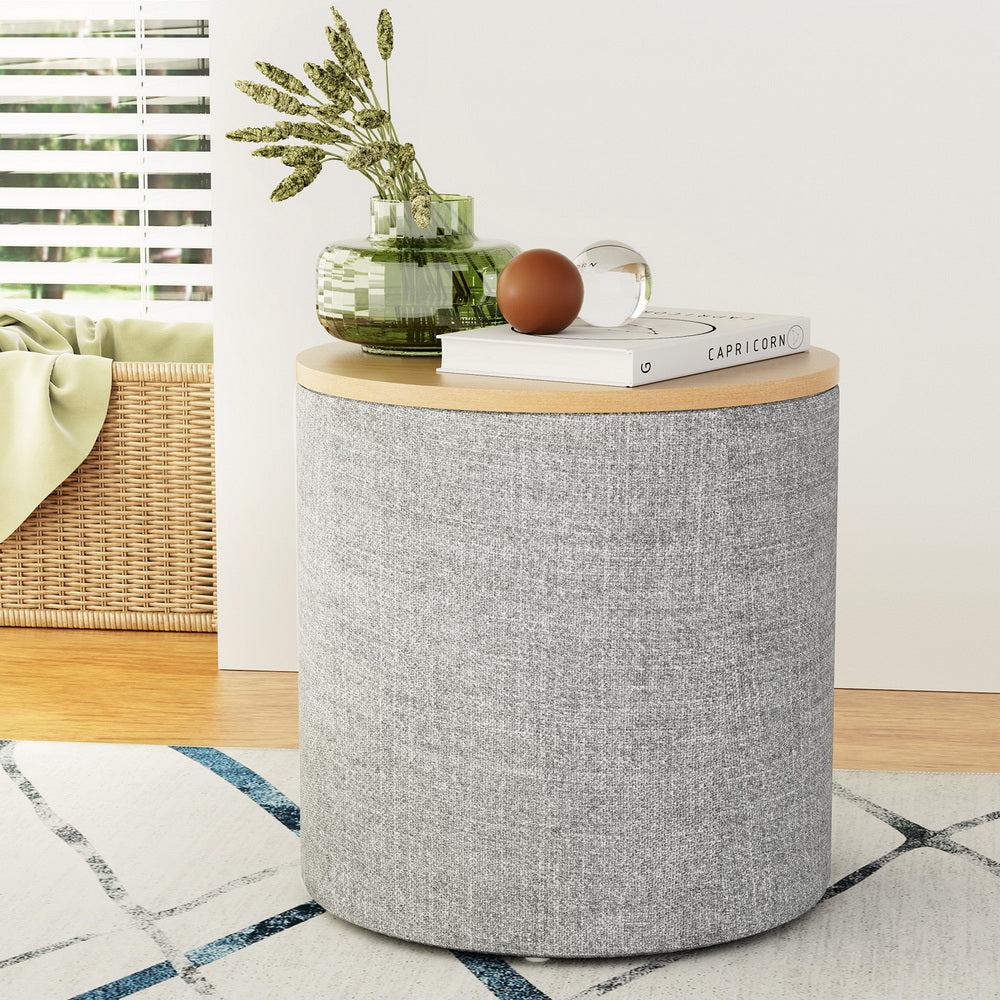 Artiss Storage Ottoman Blanket Box 40cm Linen Round Grey-Furniture > Living Room-PEROZ Accessories