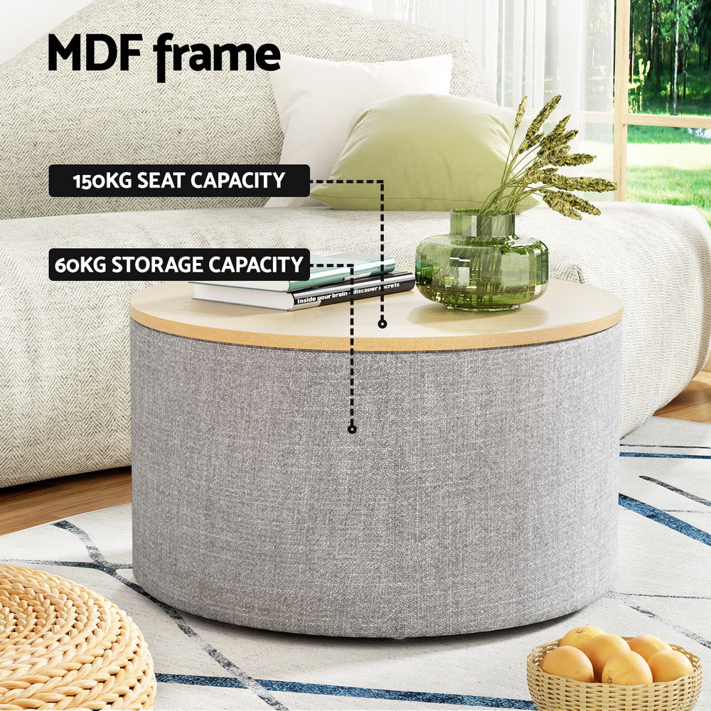 Artiss Storage Ottoman Blanket Box 60cm Linen Round Grey-Furniture > Living Room-PEROZ Accessories