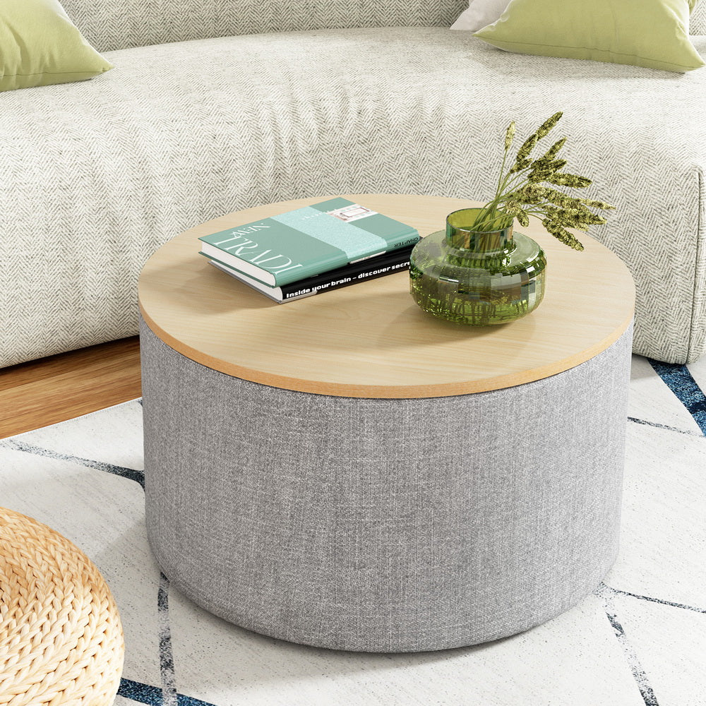 Artiss Storage Ottoman Blanket Box 60cm Linen Round Grey-Furniture > Living Room-PEROZ Accessories