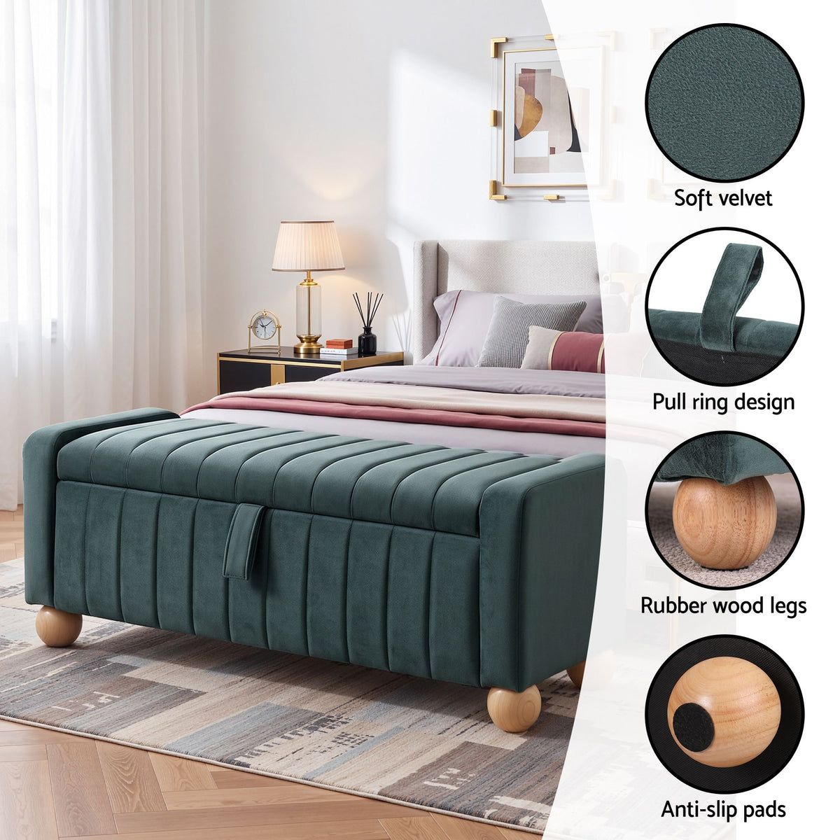 Artiss Storage Ottoman Bench Velvet Blanket Box Stool Footrest Ball Feet Green