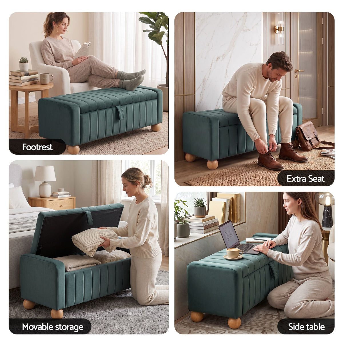 Artiss Storage Ottoman Bench Velvet Blanket Box Stool Footrest Ball Feet Green
