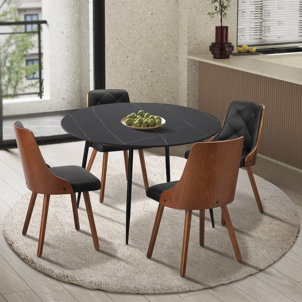 Oikiture 110cm Round Dining Table with 4 Chairs Faux Leather Black-Dining Set-PEROZ Accessories