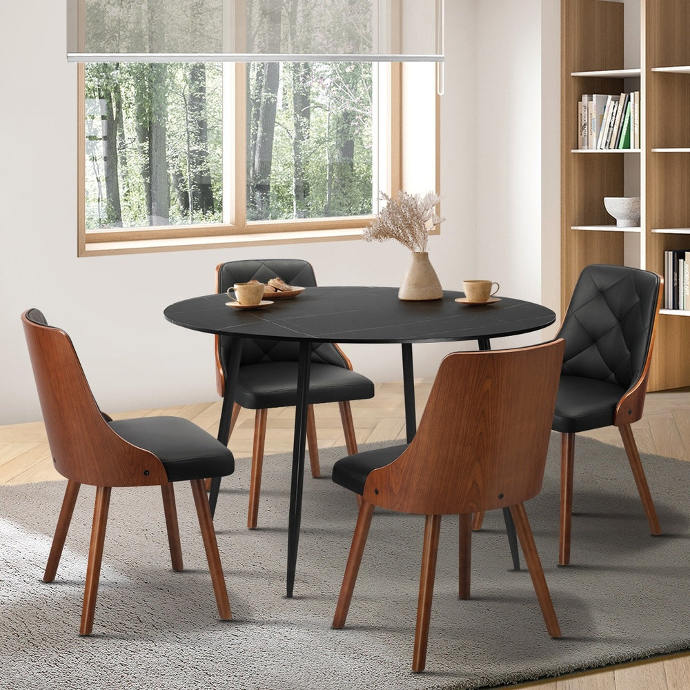 Oikiture 110cm Round Dining Table with 4 Chairs Faux Leather Black-Dining Set-PEROZ Accessories