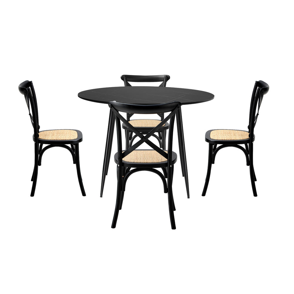Oikiture 110cm Round Dining Table with 4PCS Dining Chairs Birch Timber Black-Dining Set-PEROZ Accessories
