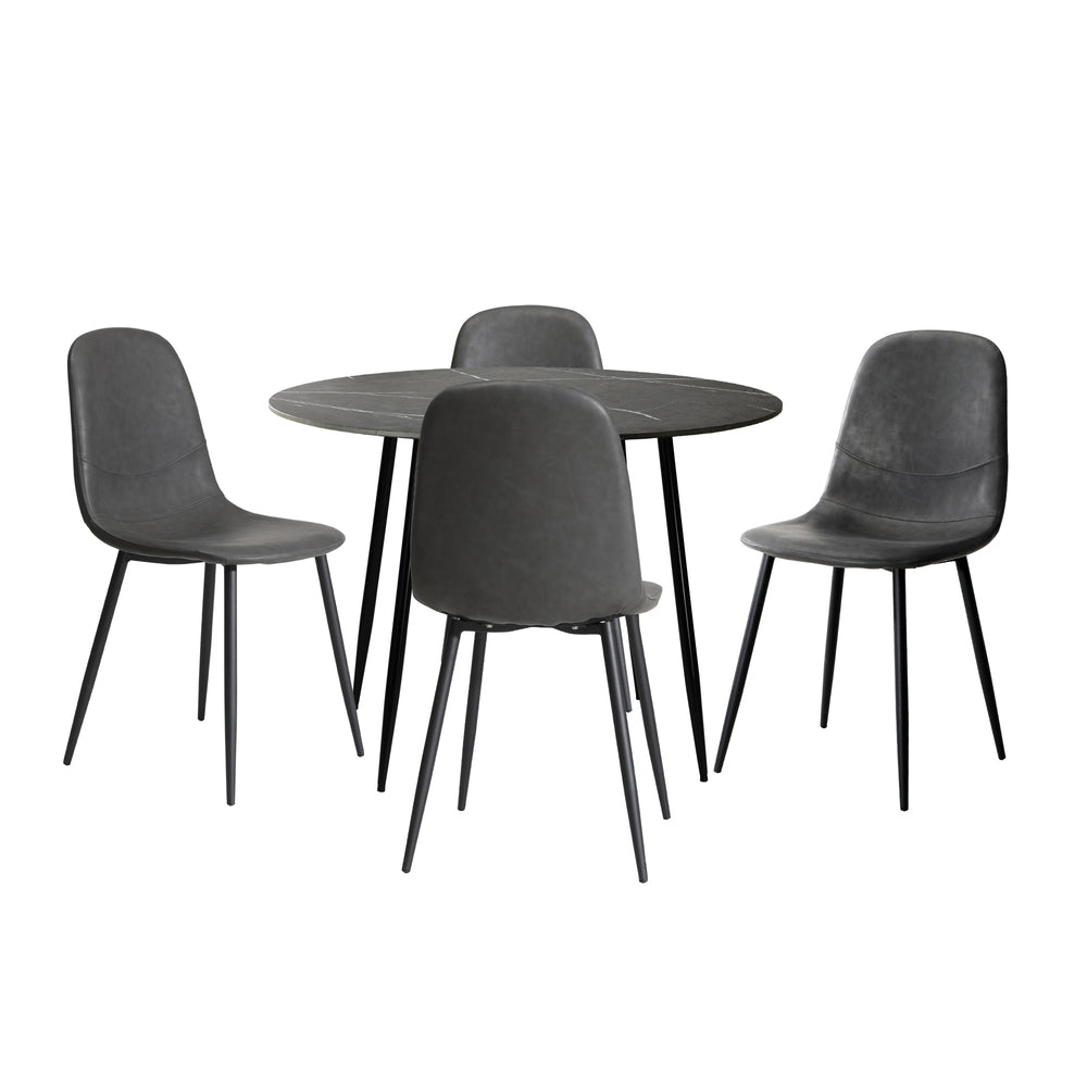 Oikiture 110cm Round Dining Table with 4PCS Dining Chairs PU Grey & Black-Dining Set-PEROZ Accessories