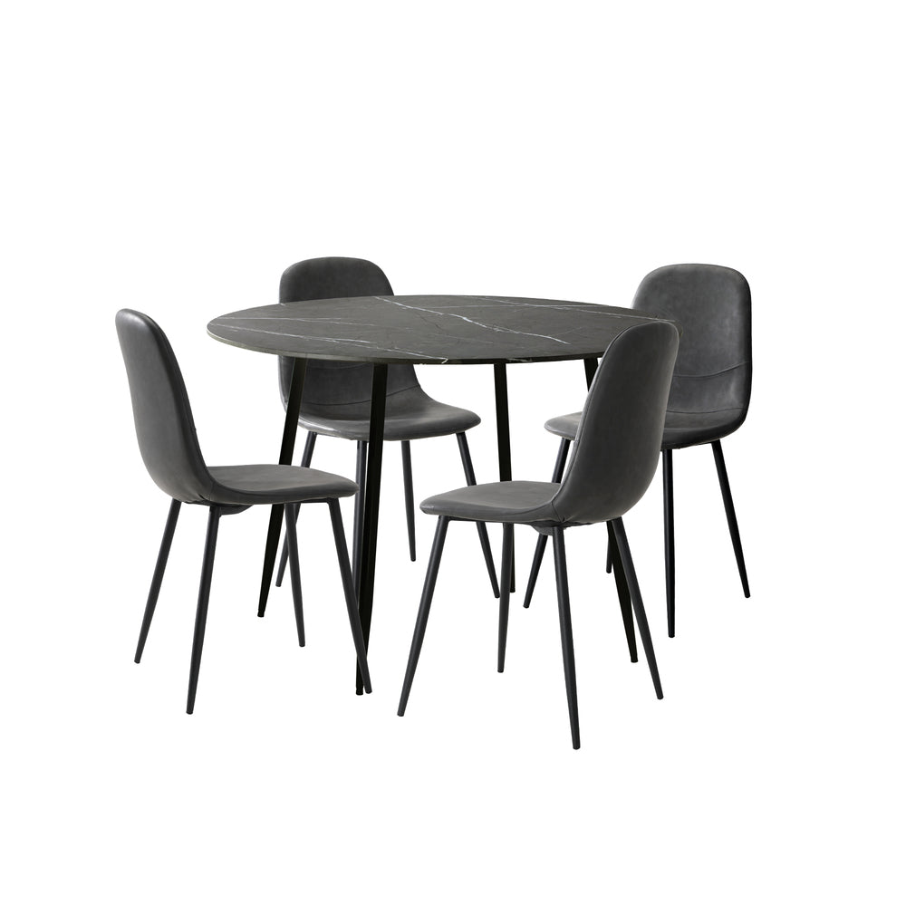Oikiture 110cm Round Dining Table with 4PCS Dining Chairs PU Grey & Black-Dining Set-PEROZ Accessories