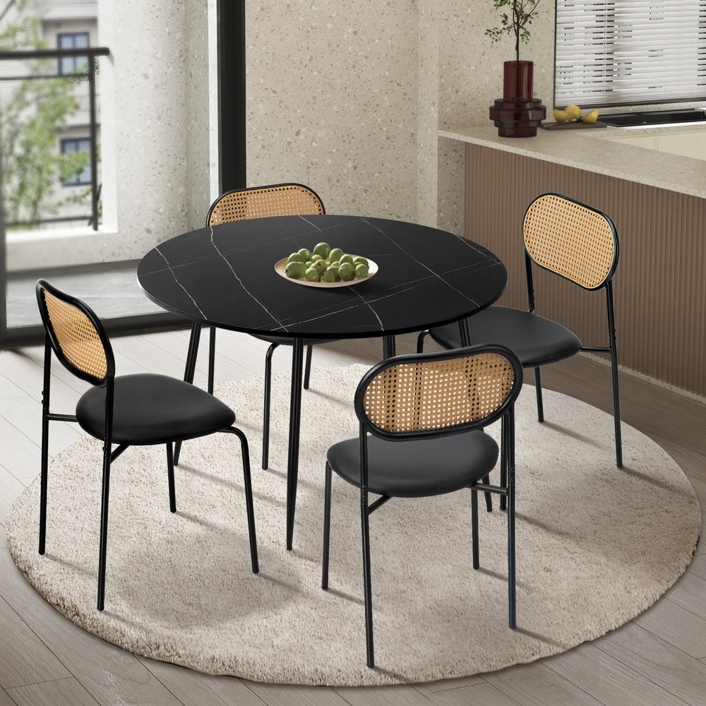 Oikiture 110cm Round Dining Table with 4PCS Dining Chairs PU Leather Black-Dining Set-PEROZ Accessories