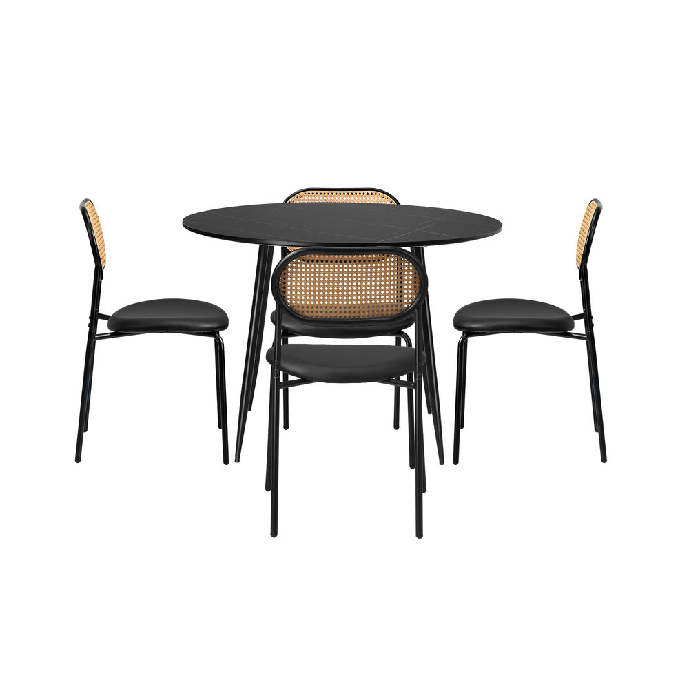 Oikiture 110cm Round Dining Table with 4PCS Dining Chairs PU Leather Black-Dining Set-PEROZ Accessories