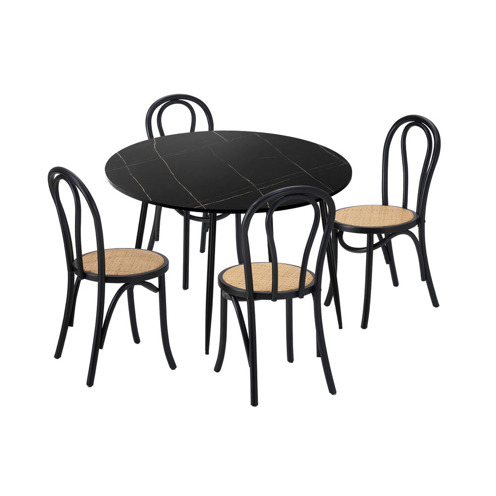 Oikiture 110cm Round Dining Table with 4PCS Dining Chairs Solid Wooden Black-Dining Set-PEROZ Accessories
