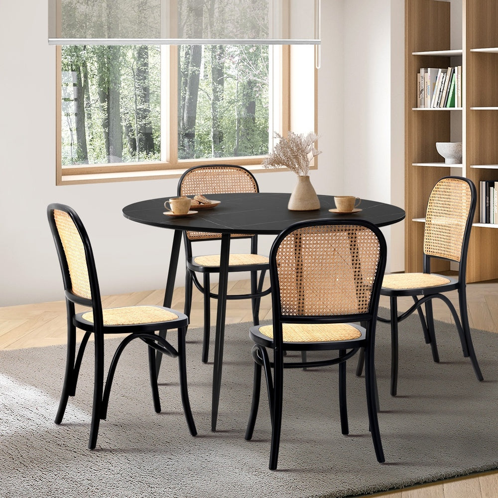 Oikiture 110cm Round Dining Table with 4PCS Dining Chairs Wooden Black-Dining Set-PEROZ Accessories