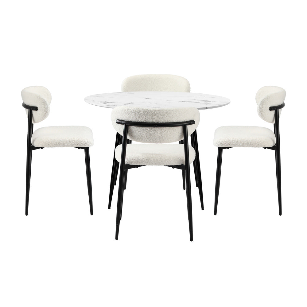 Oikiture 110cm Round Dining Table with 4x Dining Chairs Boucle Black & White-Dining Set-PEROZ Accessories