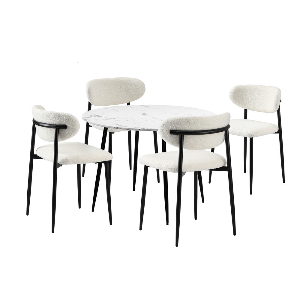 Oikiture 110cm Round Dining Table with 4x Dining Chairs Boucle Black & White-Dining Set-PEROZ Accessories