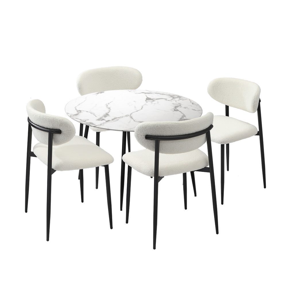 Oikiture 110cm Round Dining Table with 4x Dining Chairs Boucle Black & White-Dining Set-PEROZ Accessories