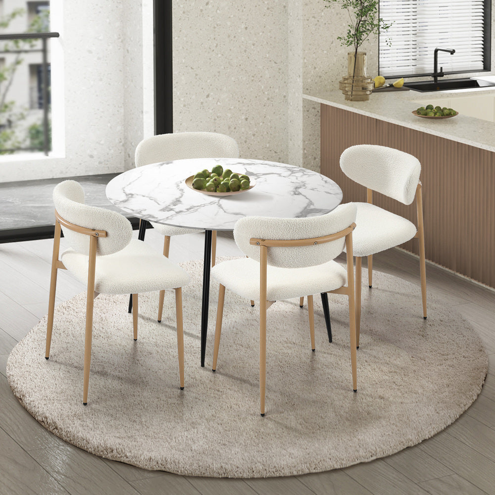 Oikiture 110cm Round Dining Table with 4x Dining Chairs Boucle White-Dining Set-PEROZ Accessories