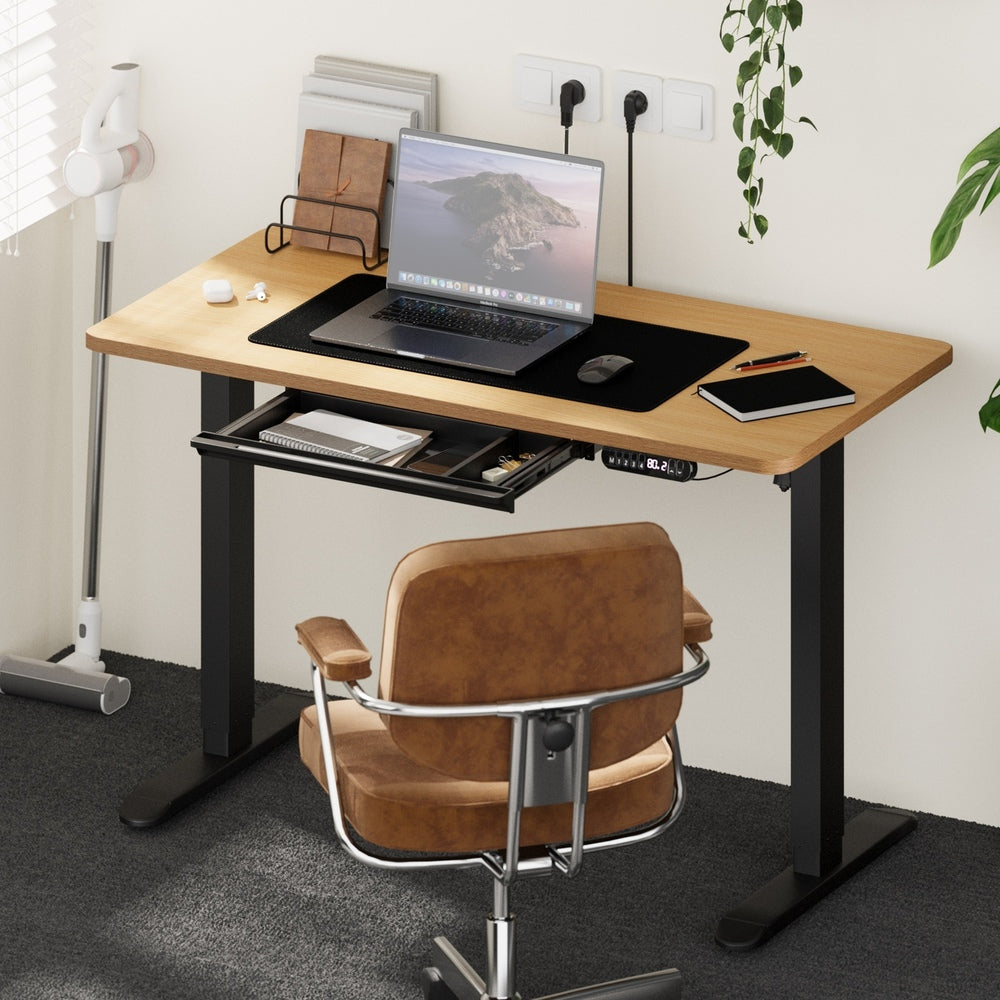 Oikiture 120CM Electric Standing Desk with Drawer Height Adjustable Black & Oak-Standing Desk-PEROZ Accessories