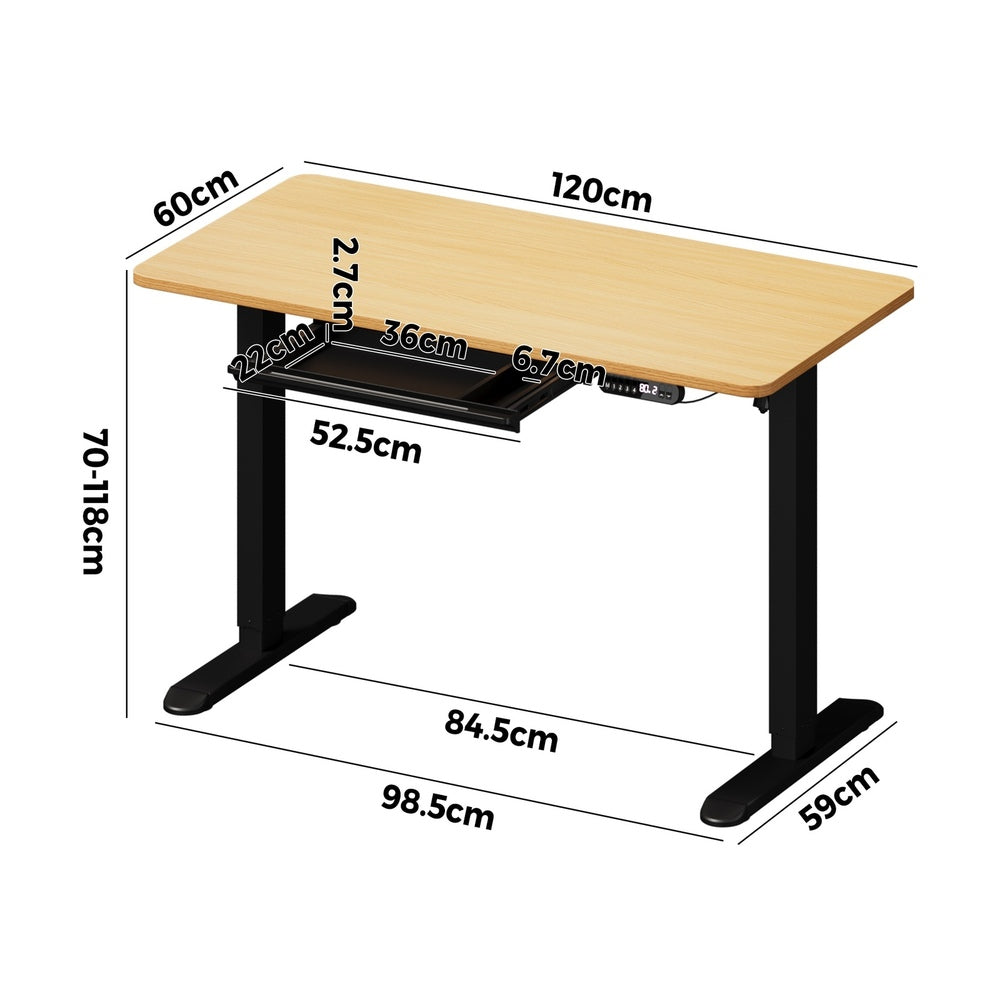 Oikiture 120CM Electric Standing Desk with Drawer Height Adjustable Black & Oak-Standing Desk-PEROZ Accessories