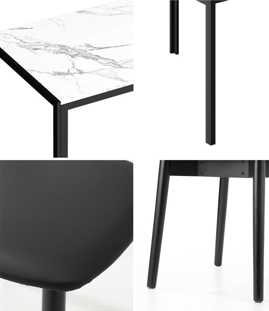 Oikiture 1.2m Dining Table with 4PCS Wooden Chairs Set PU Leather White & Black-Dining Set-PEROZ Accessories