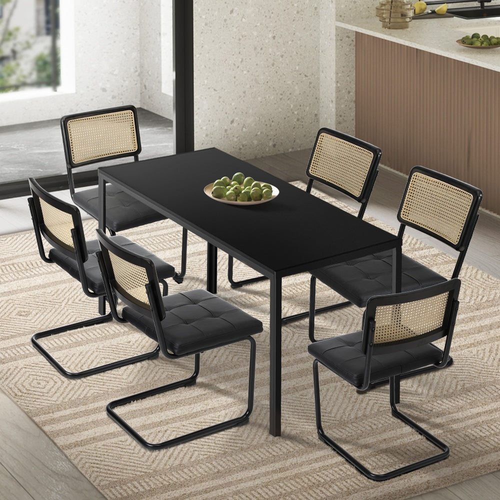 Oikiture 140cm Rectangle Dining Table with 6PCS Dining Chairs Leather Black-Dining Sets-PEROZ Accessories