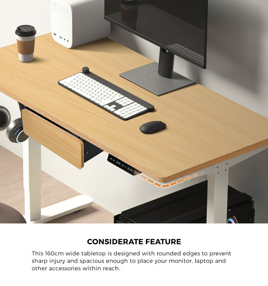 Oikiture 160cm Electric Standing Desk w/ Drawer Adjustable Oak White-Standing Desk-PEROZ Accessories