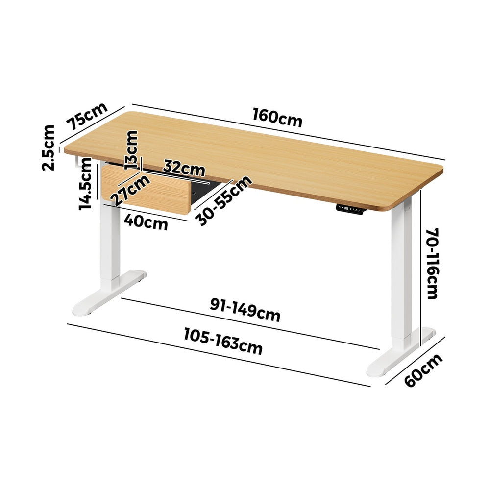 Oikiture 160cm Electric Standing Desk w/ Drawer Adjustable Oak White-Standing Desk-PEROZ Accessories