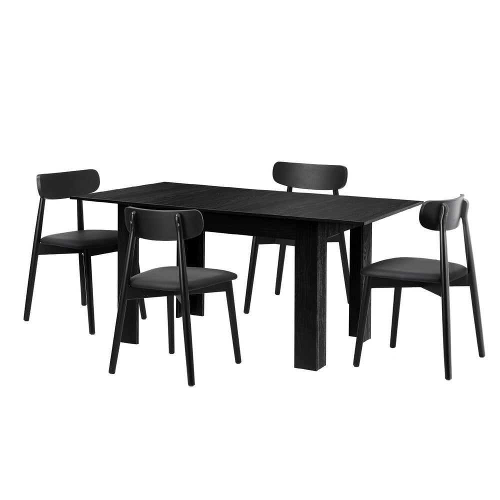 Oikiture 160cm Extendable Dining Table with 4x Dining Chairs PU Leather Black-Dining Sets-PEROZ Accessories