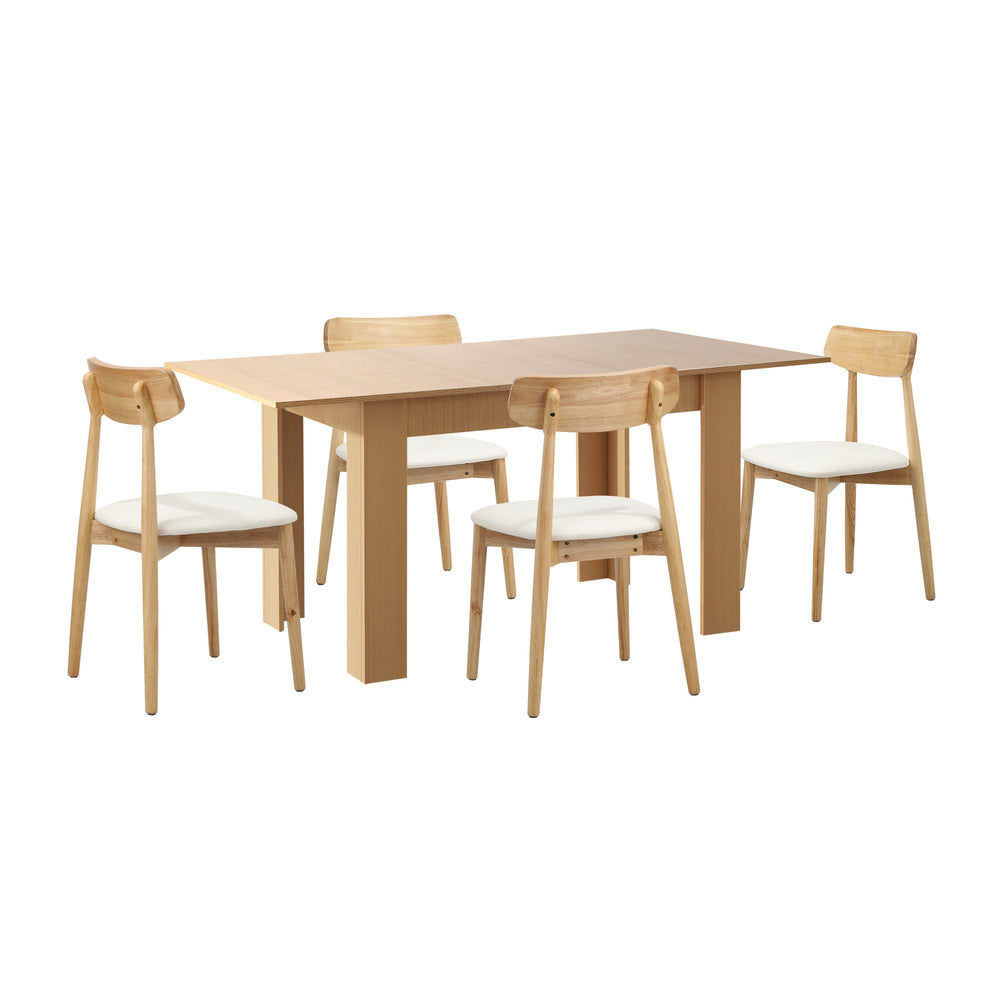 Oikiture 160cm Extendable Dining Table with 4x Dining Chairs PU Leather Natural-Dining Set-PEROZ Accessories