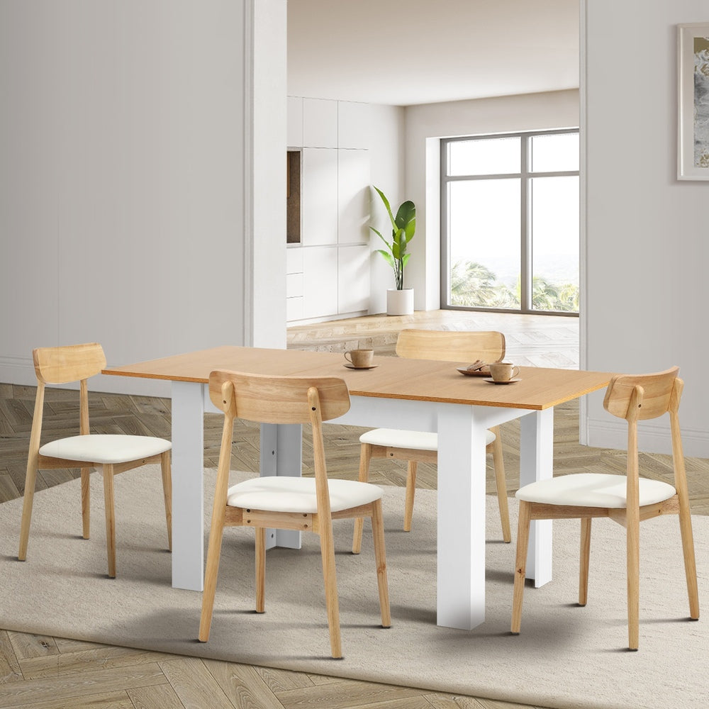 Oikiture 160cm Extendable Dining Table with 4x Dining Chairs PU Leather White-Dining Set-PEROZ Accessories