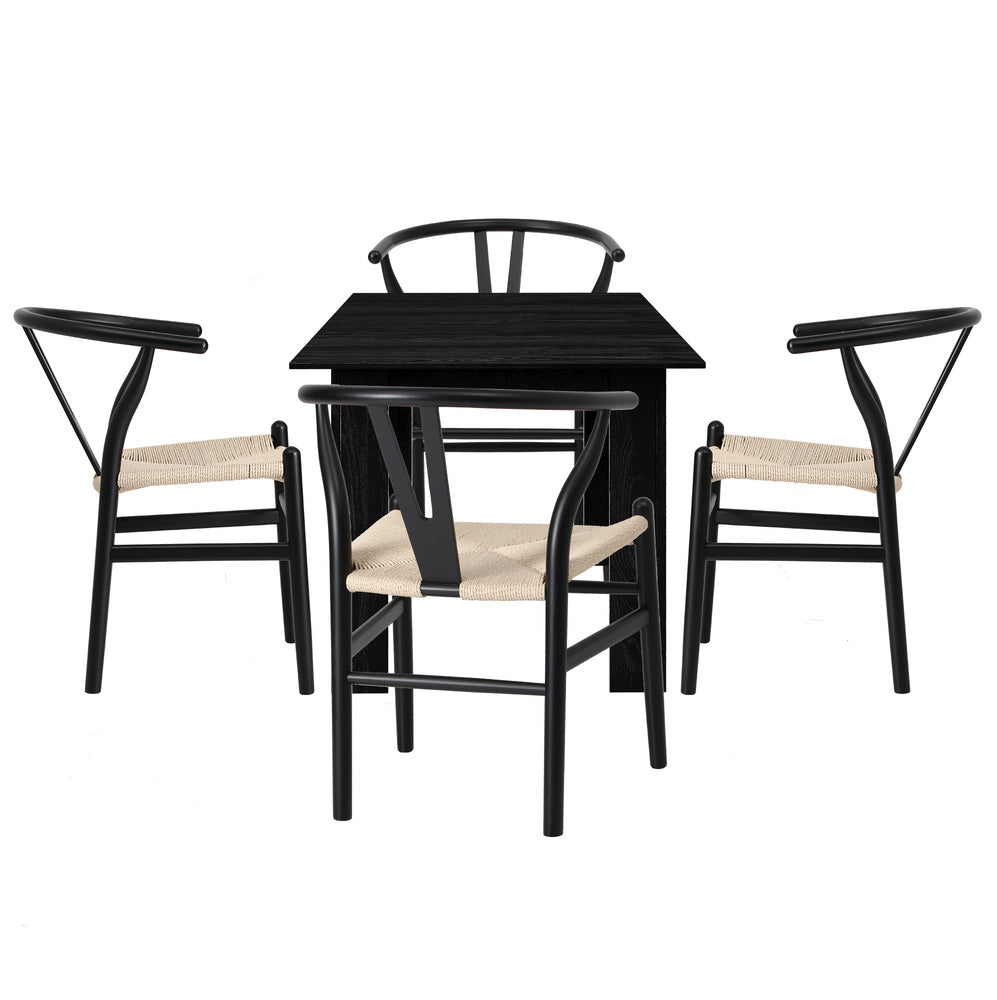 Oikiture 160cm Extendable Dining Table with 4x Hans Wegner Dining Chairs Black-Dining Set-PEROZ Accessories