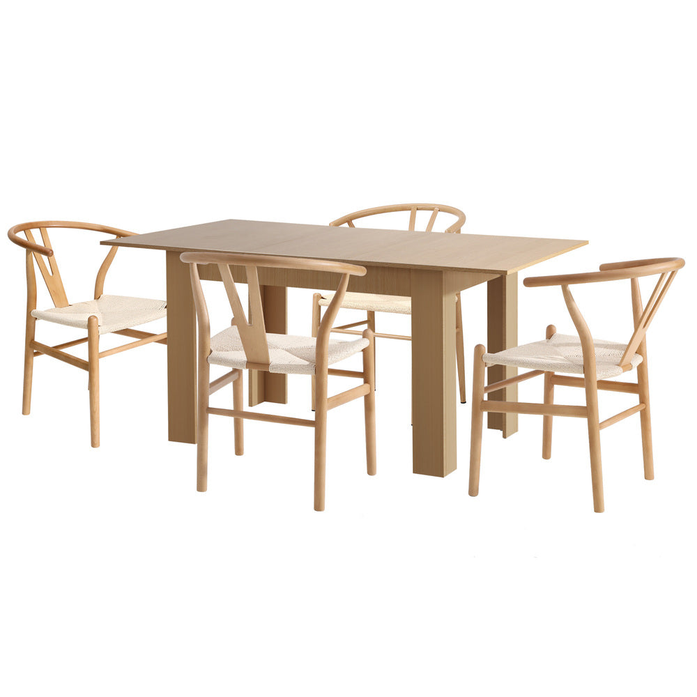 Oikiture 160cm Extendable Dining Table with 4x Hans Wegner Dining Chairs Natural-Dining Set-PEROZ Accessories