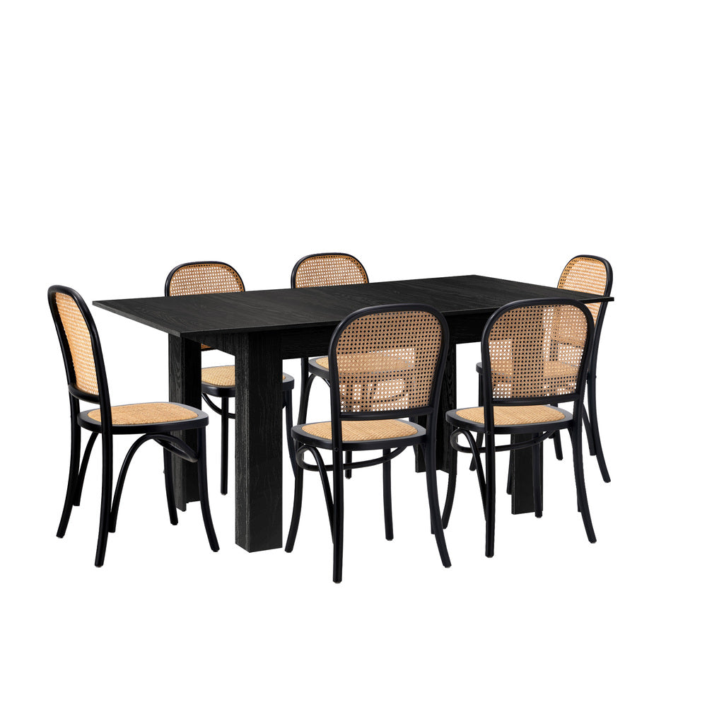 Oikiture 160cm Extendable Dining Table with 6PCS Dining Chairs Rattan Black-Dining Set-PEROZ Accessories