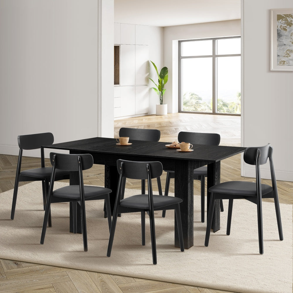 Oikiture 160cm Extendable Dining Table with 6x Dining Chairs PU Leather Black-Dining Sets-PEROZ Accessories