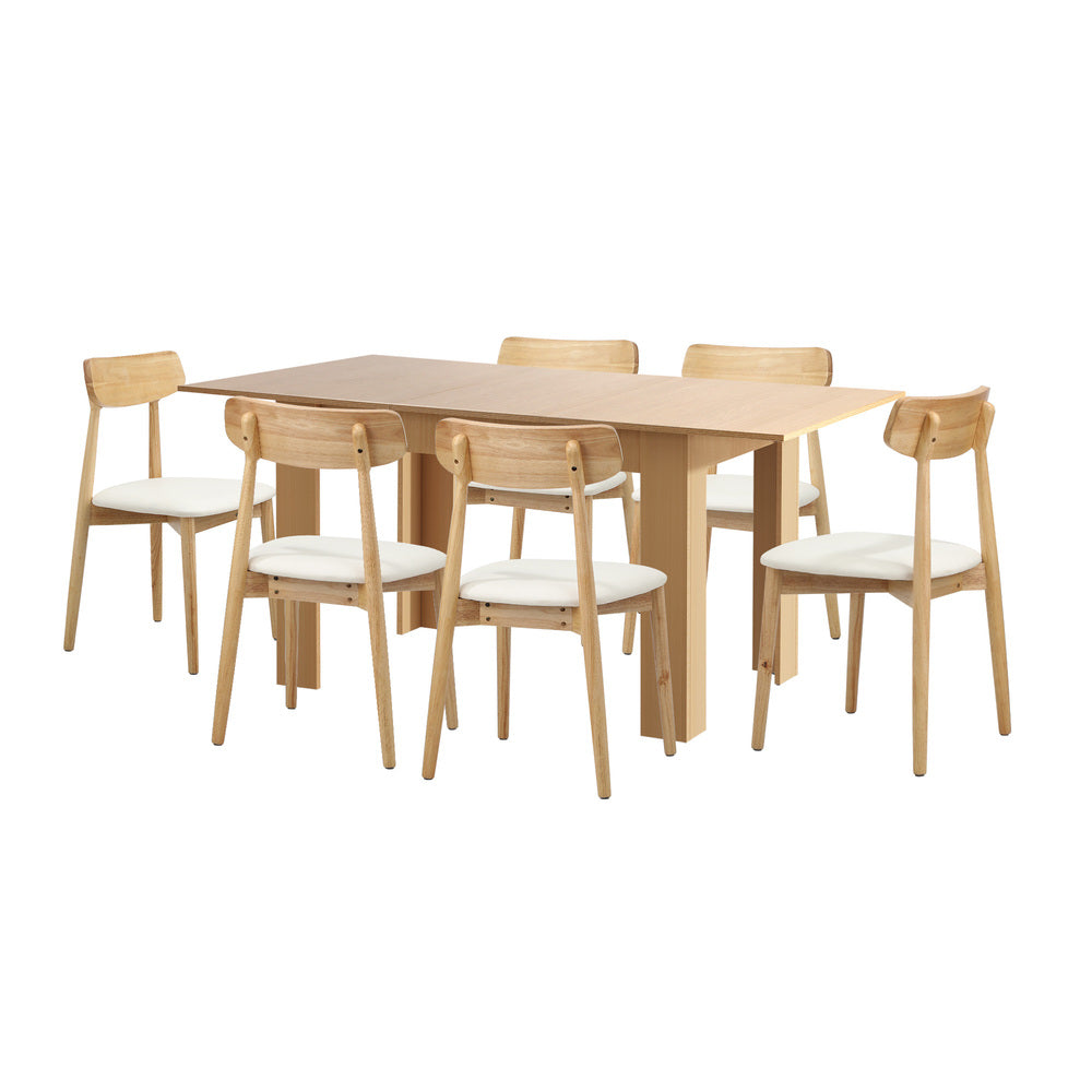 Oikiture 160cm Extendable Dining Table with 6x Dining Chairs PU Leather Natural-Dining Set-PEROZ Accessories