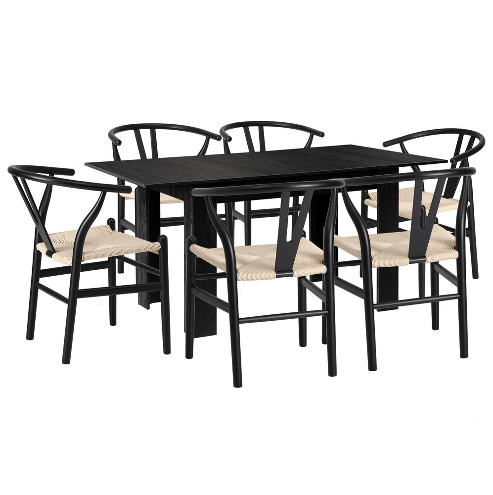 Oikiture 160cm Extendable Dining Table with 6x Hans Wegner Dining Chairs Black-Dining Set-PEROZ Accessories