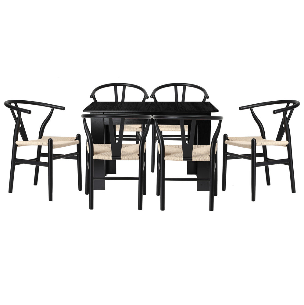 Oikiture 160cm Extendable Dining Table with 6x Hans Wegner Dining Chairs Black-Dining Set-PEROZ Accessories